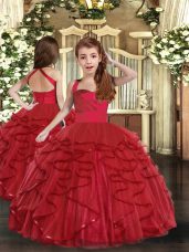Fancy Red Lace Up Straps Ruffles Girls Pageant Dresses Tulle Sleeveless