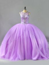 Simple Floor Length Lace Up Ball Gown Prom Dress Lavender for Sweet 16 and Quinceanera with Beading