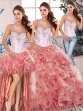 Beading and Ruffles 15 Quinceanera Dress Watermelon Red Clasp Handle Sleeveless Floor Length