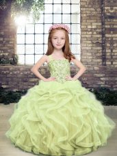 Yellow Green Tulle Lace Up Pageant Gowns For Girls Sleeveless Floor Length Beading and Ruffles