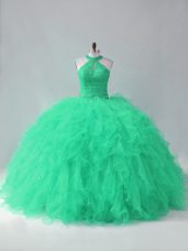 Turquoise Ball Gowns Beading and Ruffles 15 Quinceanera Dress Lace Up Tulle Sleeveless
