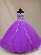 Tulle Sweetheart Sleeveless Court Train Lace Up Beading Sweet 16 Quinceanera Dress in Purple