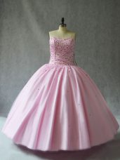 Pink Lace Up 15 Quinceanera Dress Beading Sleeveless Floor Length