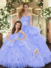 Best Lavender Ball Gowns Appliques and Ruffles Ball Gown Prom Dress Lace Up Tulle Sleeveless Floor Length