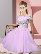Lilac Off The Shoulder Neckline Appliques Damas Dress Short Sleeves Lace Up