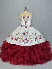 Beautiful White And Red Ball Gowns Embroidery and Ruffles Quinceanera Dresses Lace Up Organza Sleeveless Floor Length