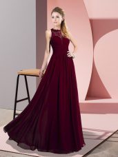 Vintage Floor Length Burgundy Prom Gown Scoop Sleeveless Zipper