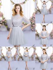 Custom Designed Mini Length Grey Quinceanera Court Dresses Tulle Half Sleeves Lace and Belt