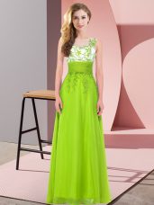 Modest Yellow Green Chiffon Backless Scoop Sleeveless Floor Length Quinceanera Court Dresses Appliques