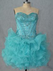Sumptuous Sleeveless Mini Length Beading and Ruffles Lace Up with Aqua Blue