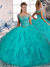 Inexpensive Sleeveless Tulle Brush Train Lace Up Sweet 16 Dress in Aqua Blue with Beading and Ruffles