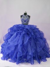 High End Sleeveless Floor Length Beading and Ruffles Backless Sweet 16 Dresses with Royal Blue