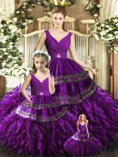 Purple Sleeveless Beading and Embroidery and Ruffles Floor Length Quinceanera Gowns