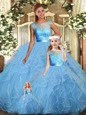 Designer Lace and Ruffles Sweet 16 Dress Baby Blue Backless Sleeveless Floor Length