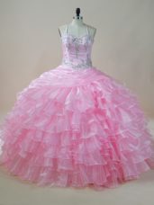 Floor Length Lace Up Sweet 16 Quinceanera Dress Baby Pink for Sweet 16 and Quinceanera with Embroidery and Ruffled Layers