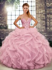 Attractive Pink Sweetheart Neckline Beading and Ruffles 15th Birthday Dress Sleeveless Lace Up