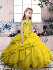 Superior Floor Length Olive Green Pageant Dress for Teens High-neck Sleeveless Side Zipper