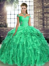 Lace Up Sweet 16 Dress Turquoise for Military Ball and Sweet 16 and Quinceanera with Beading and Ruffles Brush Train