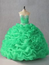 Clearance Green Ball Gowns Beading and Pick Ups and Hand Made Flower Sweet 16 Dress Lace Up Organza Sleeveless Floor Length