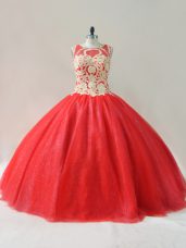 Red Sleeveless Floor Length Beading Lace Up Quinceanera Gown