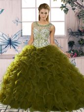 Ideal Olive Green Lace Up Quinceanera Dresses Beading and Ruffles Sleeveless Floor Length