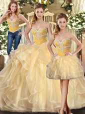 Stylish Beading and Ruffles Quinceanera Dress Champagne Lace Up Sleeveless Floor Length