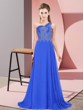 Blue Prom Party Dress Prom and Party with Beading One Shoulder Sleeveless Side Zipper