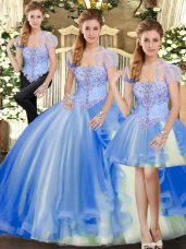 Wonderful Strapless Sleeveless Lace Up Quince Ball Gowns Blue Tulle