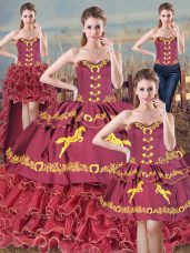 Exquisite Sleeveless Embroidery and Ruffles Lace Up Sweet 16 Quinceanera Dress with Burgundy Brush Train
