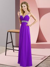 Purple Criss Cross Evening Dress Beading Sleeveless Floor Length