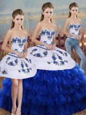 Elegant Royal Blue Sleeveless Floor Length Embroidery and Ruffled Layers and Bowknot Lace Up Sweet 16 Dresses