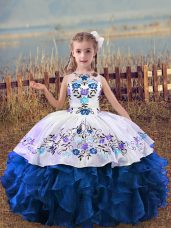 New Arrival Blue Lace Up Scoop Embroidery and Ruffles Pageant Gowns For Girls Organza Sleeveless