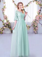 Best Light Blue Side Zipper Scoop Lace and Belt Bridesmaid Dresses Tulle Half Sleeves