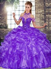 Sexy Sleeveless Organza Floor Length Lace Up Quinceanera Gown in Purple with Beading and Ruffles