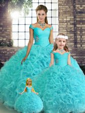 Elegant Off The Shoulder Sleeveless Lace Up 15th Birthday Dress Aqua Blue Fabric With Rolling Flowers