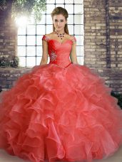 Off The Shoulder Sleeveless Quinceanera Dress Floor Length Beading and Ruffles Watermelon Red Organza