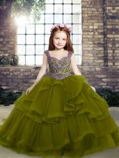 Straps Sleeveless Little Girl Pageant Dress Floor Length Beading and Ruffles Olive Green Organza
