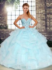 Pretty Light Blue Ball Gowns Tulle Sweetheart Sleeveless Beading and Ruffles Floor Length Lace Up Sweet 16 Dresses