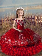 Red Lace Up Off The Shoulder Embroidery and Ruffled Layers Kids Pageant Dress Satin and Organza Sleeveless