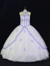 Glamorous Floor Length Ball Gowns Sleeveless White And Purple Quinceanera Gown Lace Up