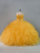 Unique Gold Sweetheart Neckline Beading and Ruffles Quince Ball Gowns Sleeveless Lace Up