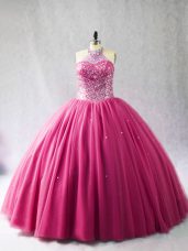 On Sale Lace Up Quince Ball Gowns Hot Pink for Sweet 16 and Quinceanera with Beading Brush Train