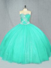 Top Selling Floor Length Lace Up 15 Quinceanera Dress Turquoise for Sweet 16 and Quinceanera with Beading