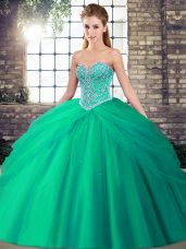 Turquoise Sleeveless Tulle Brush Train Lace Up Quince Ball Gowns for Military Ball and Sweet 16 and Quinceanera