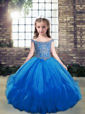 Excellent Floor Length Blue Little Girl Pageant Gowns Off The Shoulder Sleeveless Lace Up