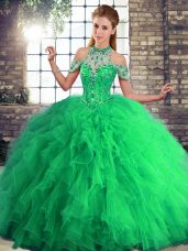 Fancy Green Tulle Lace Up Quinceanera Gown Sleeveless Floor Length Beading and Ruffles