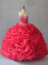 Pretty Coral Red Lace Up Sweetheart Sleeveless Floor Length Quinceanera Dress Beading and Pick Ups