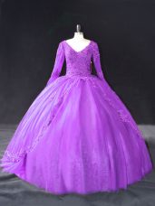 V-neck Long Sleeves Lace Up Quinceanera Dresses Purple Tulle