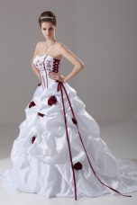 Custom Fit Sweetheart Sleeveless Wedding Gowns Brush Train Embroidery and Pick Ups and Hand Made Flower White Taffeta