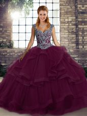 Tulle Straps Sleeveless Lace Up Beading and Ruffles Sweet 16 Dresses in Dark Purple